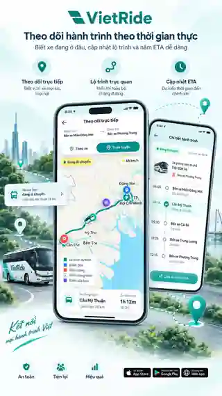 VietRide real-time trip tracking with live map, ETA and stop timeline