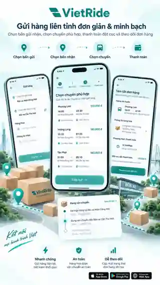 VietRide intercity parcel workflow from terminals and trip selection to deposit and tracking