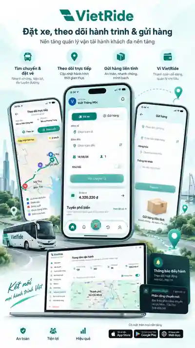 VietRide platform overview with passenger mobile, tracking, parcel and operations interfaces